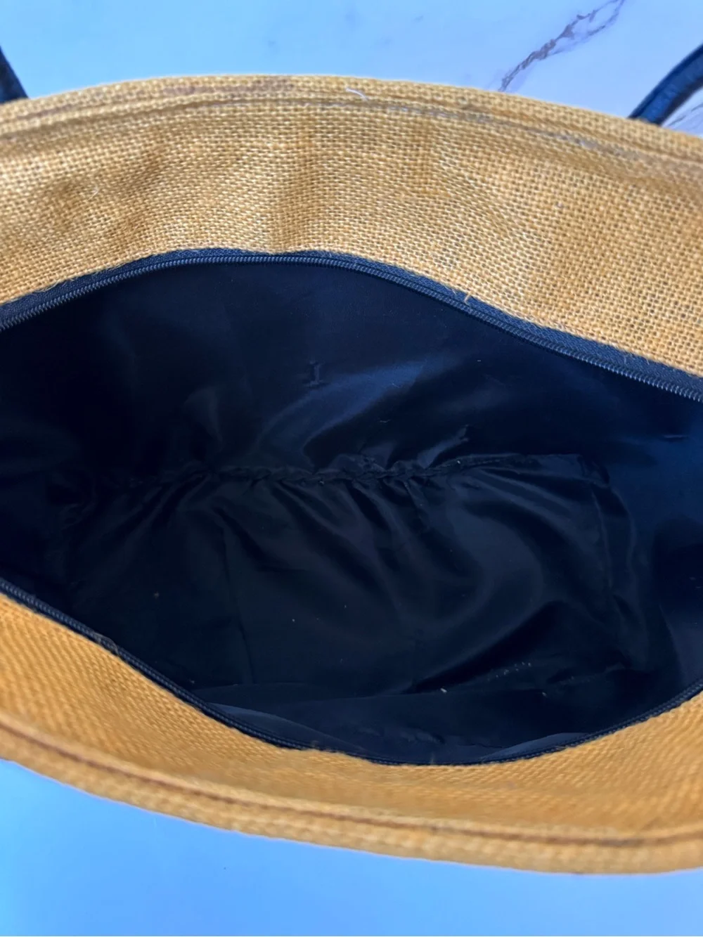 Mustard Straw Tote with Beaded Medallion and Black Handles